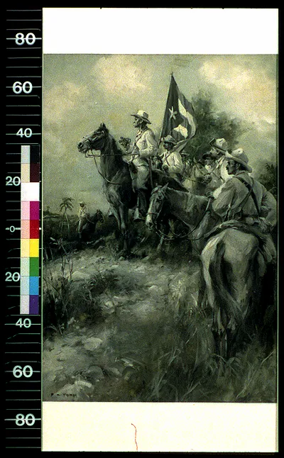 Mounted soldiers carrying a starred flag across a grassy field