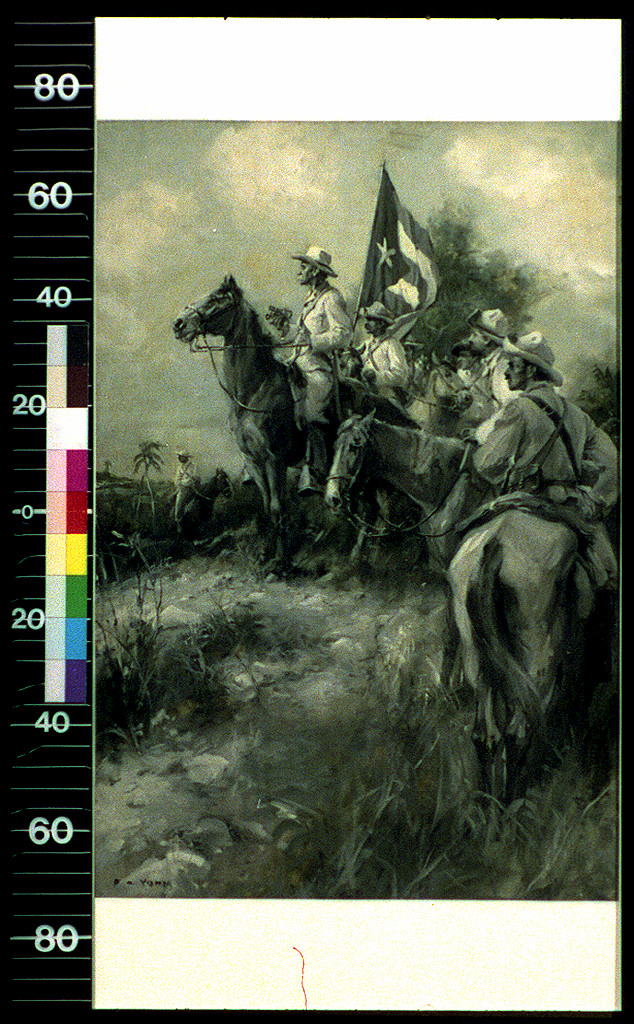Mounted soldiers carrying a starred flag across a grassy field — historic image