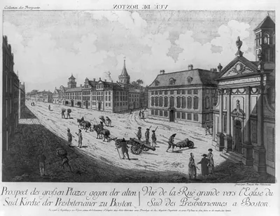 Vuë de Boston. Prospect des grossen plazes gegen der alten Sud Kirche der Presbiterianer zu Boston Vuë de la Ruë grande vers l'Eglise du Sud des Presbiteriennes a Boston / gravé par Francois Xav. Habermann.
