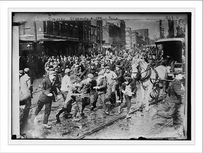 Strikers storming horse-drawn car, Philadelphia