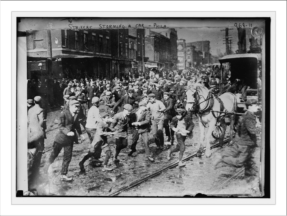 Strikers storming horse-drawn car, Philadelphia, n/a — historic photograph