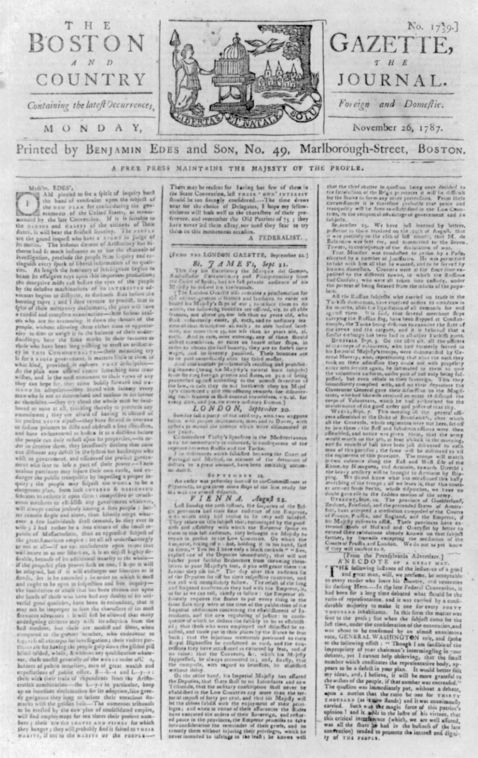[Front page of The Boston Gazette, Nov. 26, 1787 containing letter to the editor from A Federalist" concerning constitutional convention]", [1787] — historic print