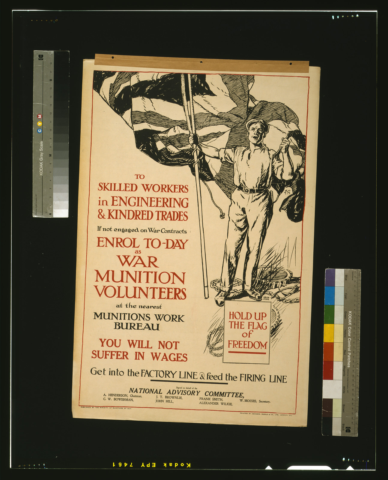 To skilled workers in engineering & kindred trades. ... Get into the factory line & feed the firing line / Carlton Studio ; Printed by Johnson, Riddle & Co., Ltd., London, S.E., [London] : Ministry of Munitions of War, [1917] — vintage poster