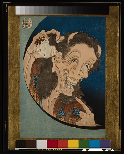 Japanese woodblock print of a grinning demon holding a head
