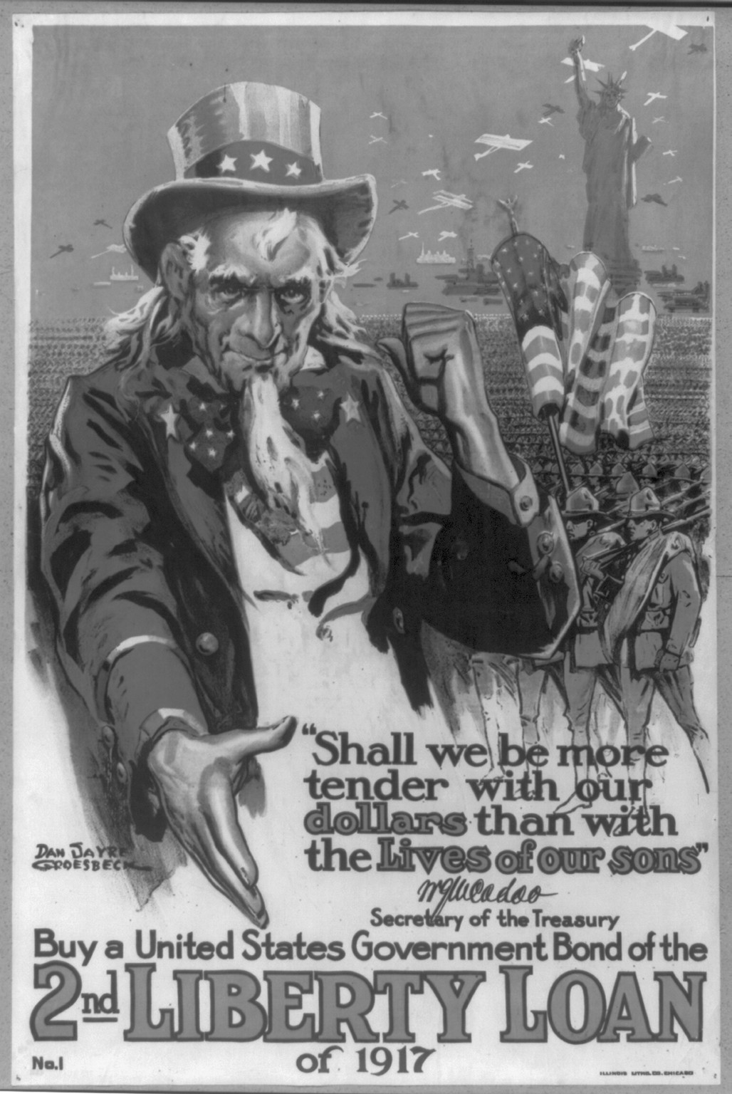 Buy a United States government bond of the 2nd Liberty Loan of 1917 / Dan Sayre Groesbeck Illinois [Prtng.?] Co. Chicago., 1917 — vintage poster