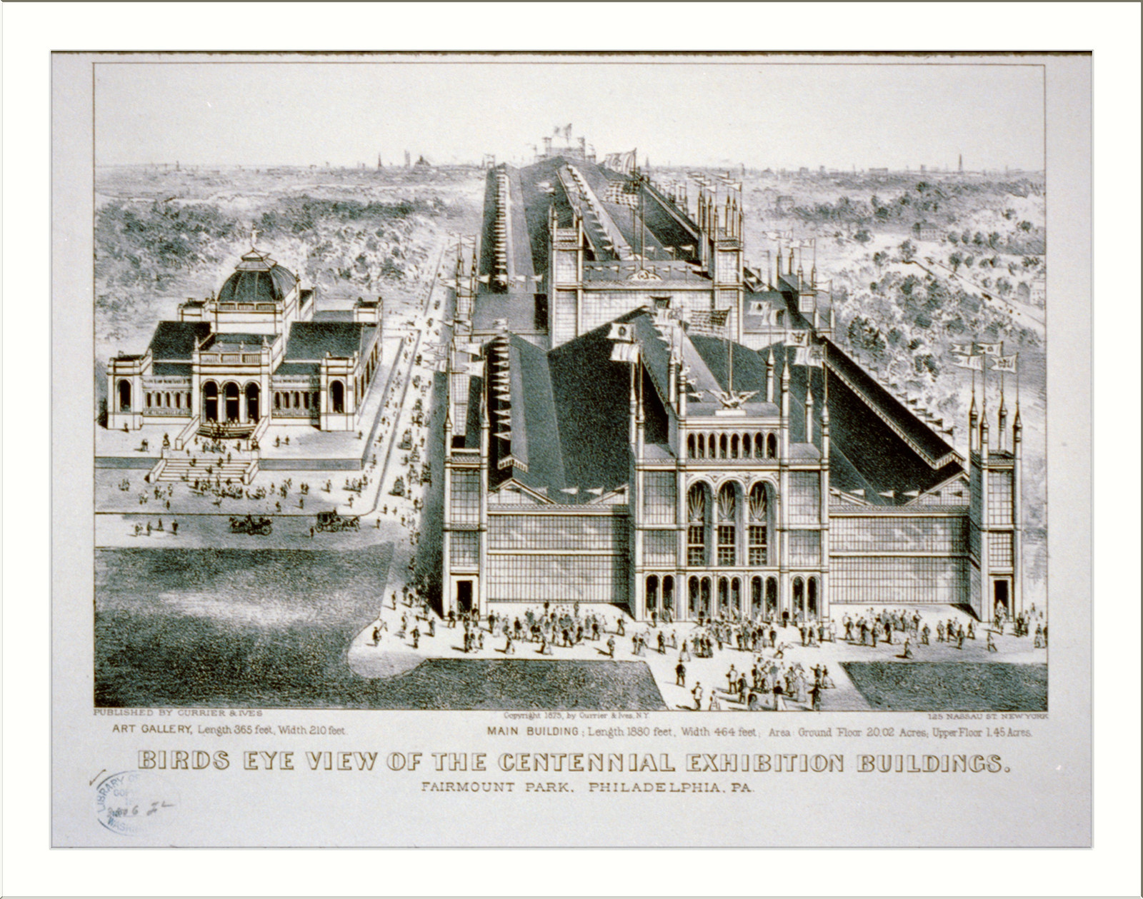Birds eye view of the Centennial Exhibition buildings: Fairmount park Philadelphia, [New York] : Currier & Ives, 1875. — antique lithograph