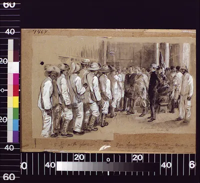 Pen and wash sketch of men in white clothing at a meeting