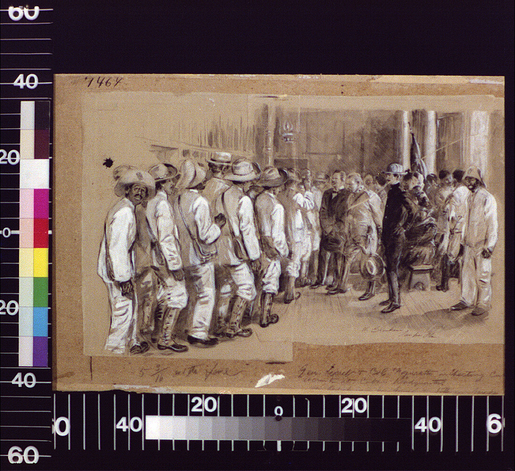 Pen and wash sketch of men in white clothing at a meeting — historic image
