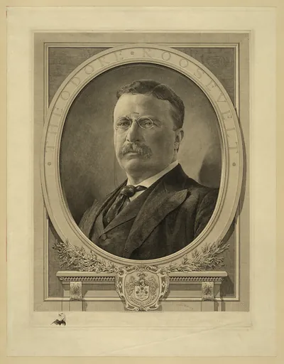 Engraved portrait of Theodore Roosevelt in an oval frame