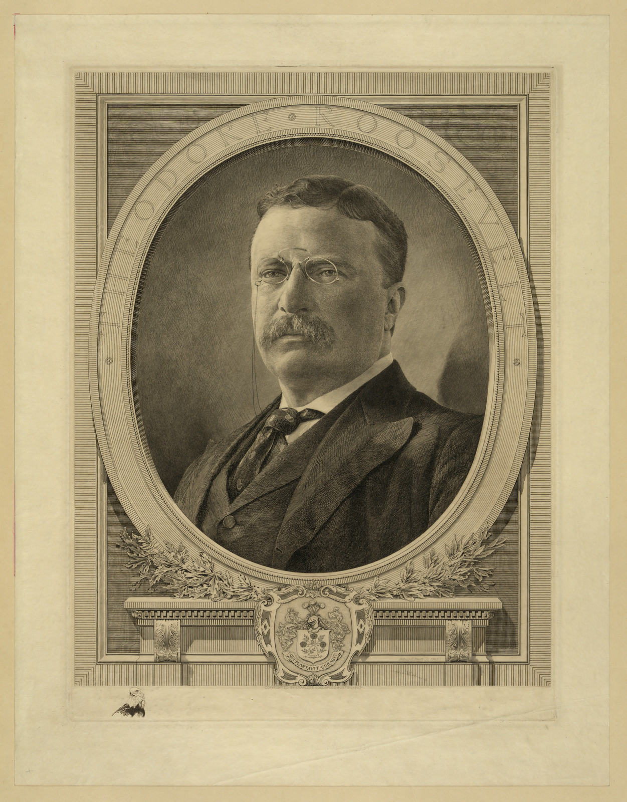 Engraved portrait of Theodore Roosevelt in an oval frame — historic image