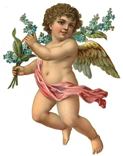 Cherub with forget-me-nots and pink drape