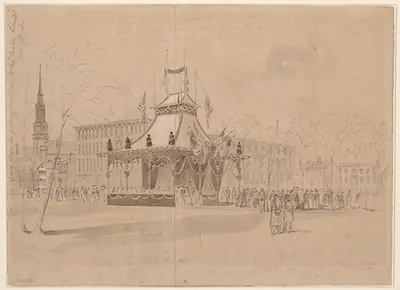Decorated funeral catafalque in a city square with crowds