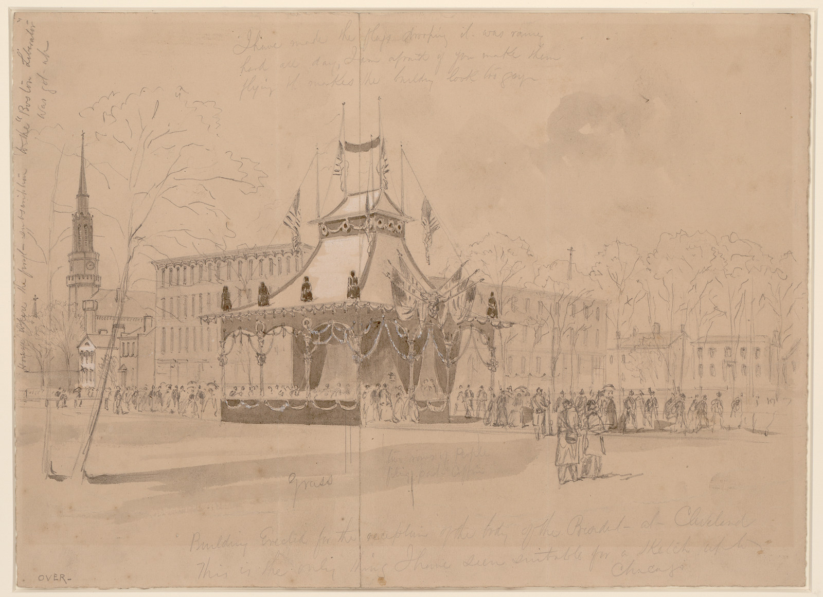 Decorated funeral catafalque in a city square with crowds — historic image