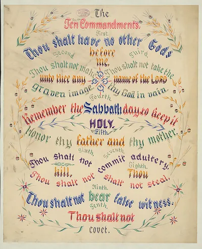 The Ten Commandments decorative calligraphy with floral border