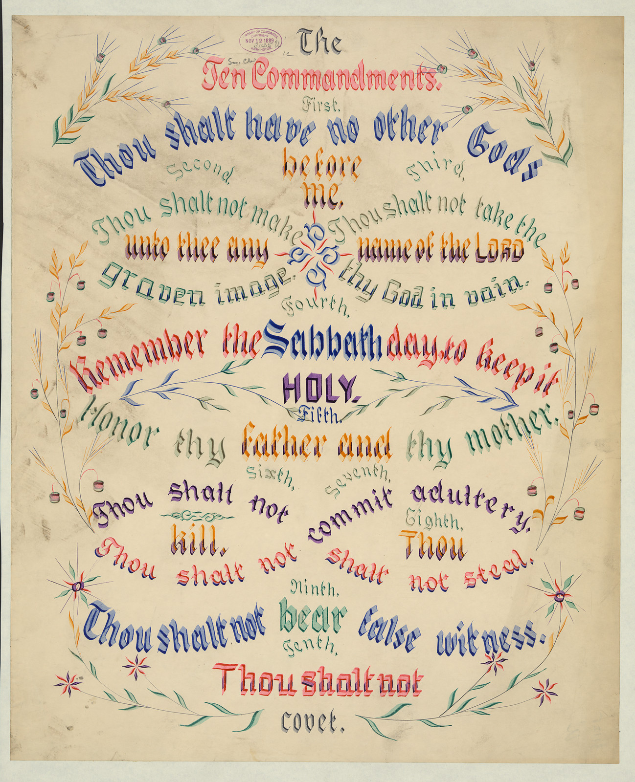 The Ten Commandments decorative calligraphy with floral border — historic image