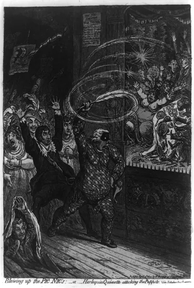 Blowing up the Pic Nic's;--or--Harlequin Quixotte attacking the puppets / Js. Gillray, invt. & fect .