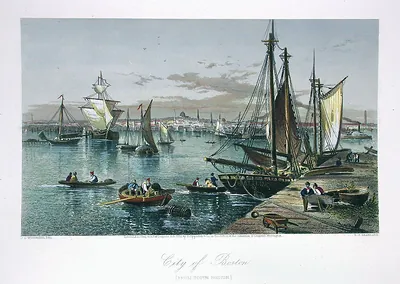 City of Boston from South Boston, harbor with sailing ships