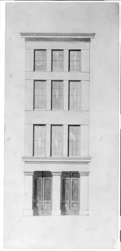 Architectural drawing for a commercial building with ashlar masonry. Front elevation rendering
