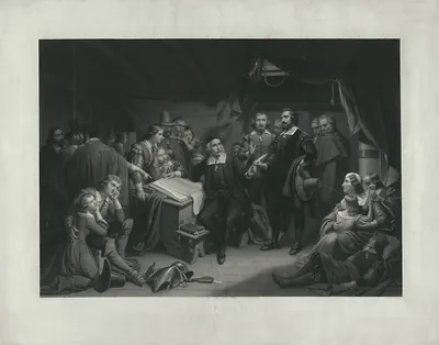 Engraved scene of Pilgrims gathered in a cabin around a document