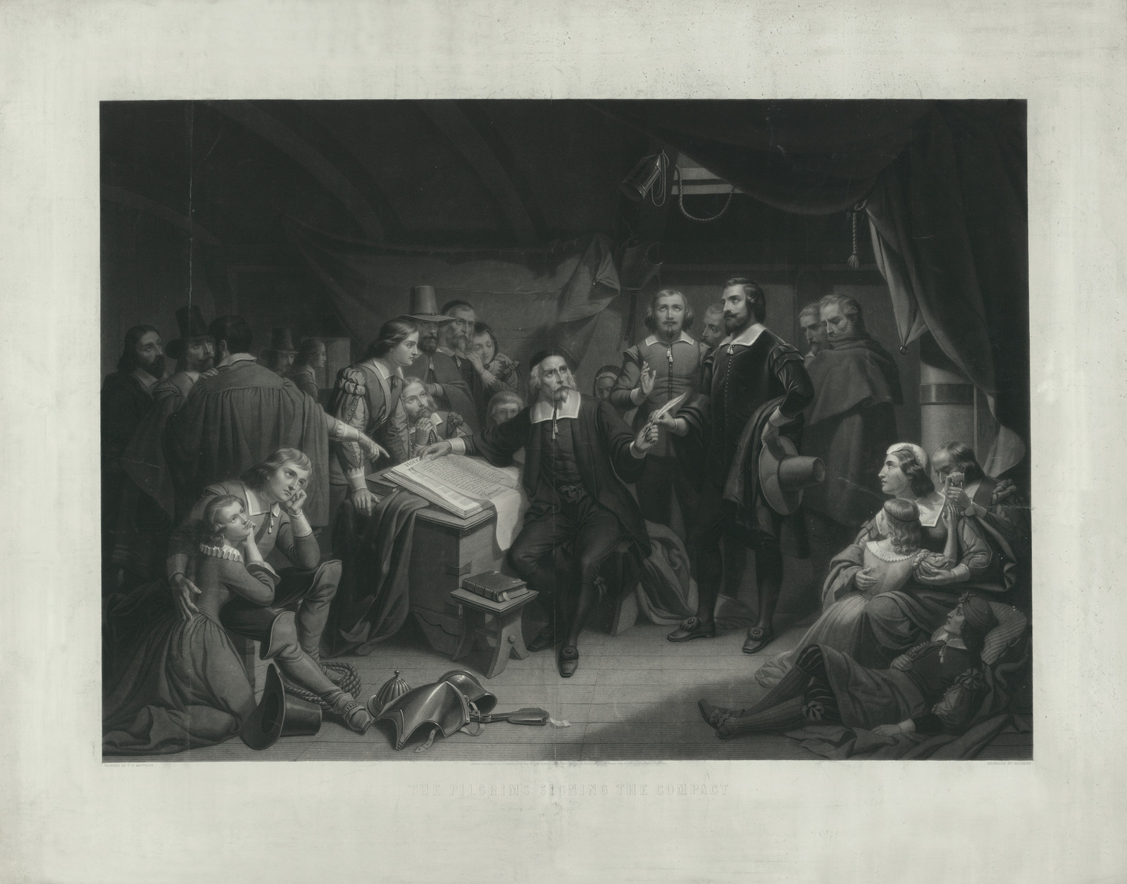 Engraved scene of Pilgrims gathered in a cabin around a document — historic image