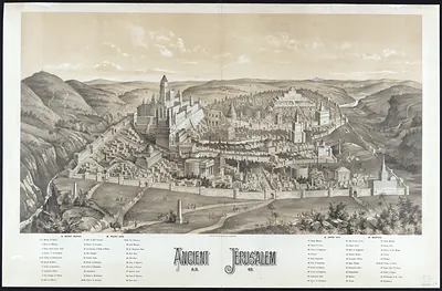 Ancient Jerusalem A.D. 66, bird's-eye view map with key