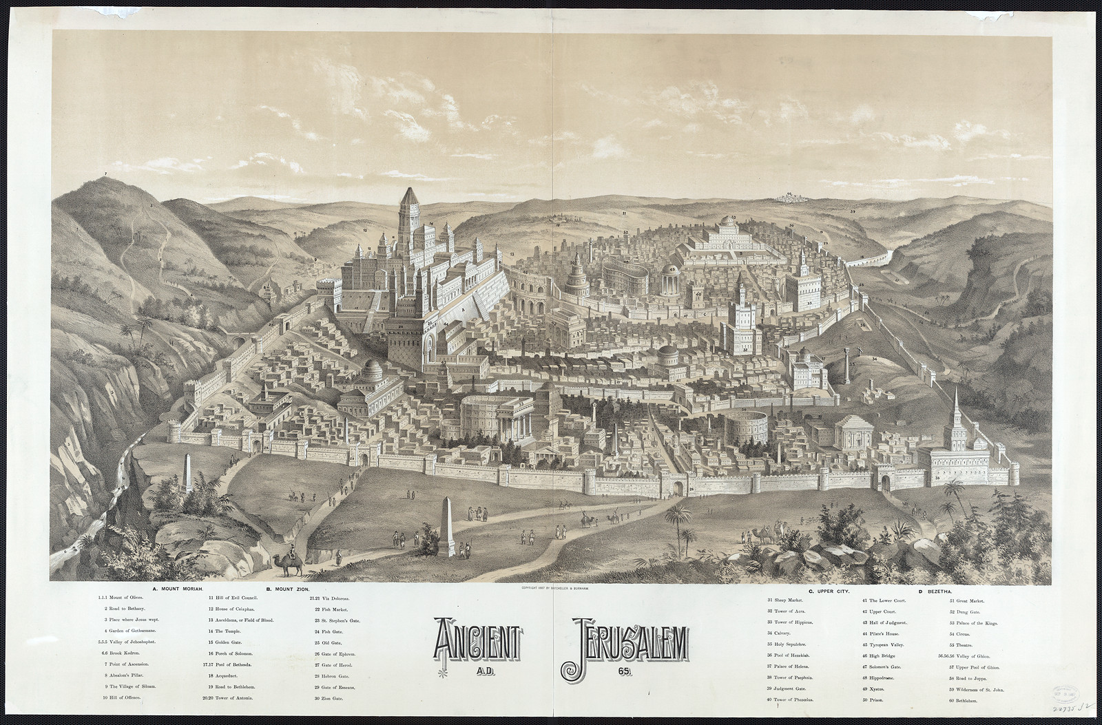 Ancient Jerusalem A.D. 66, bird's-eye view map with key — antique map