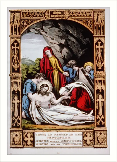 Jesus is placed in the sepulchre. / Jesus posto no sepulcro. / Jesus mis au tombeau