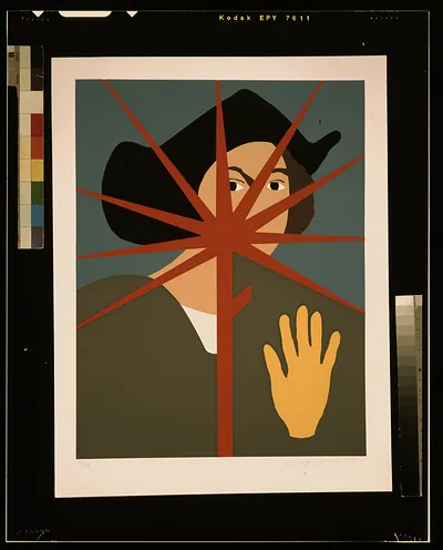 Columbus with yellow hand / Rupert Garcia 1991.