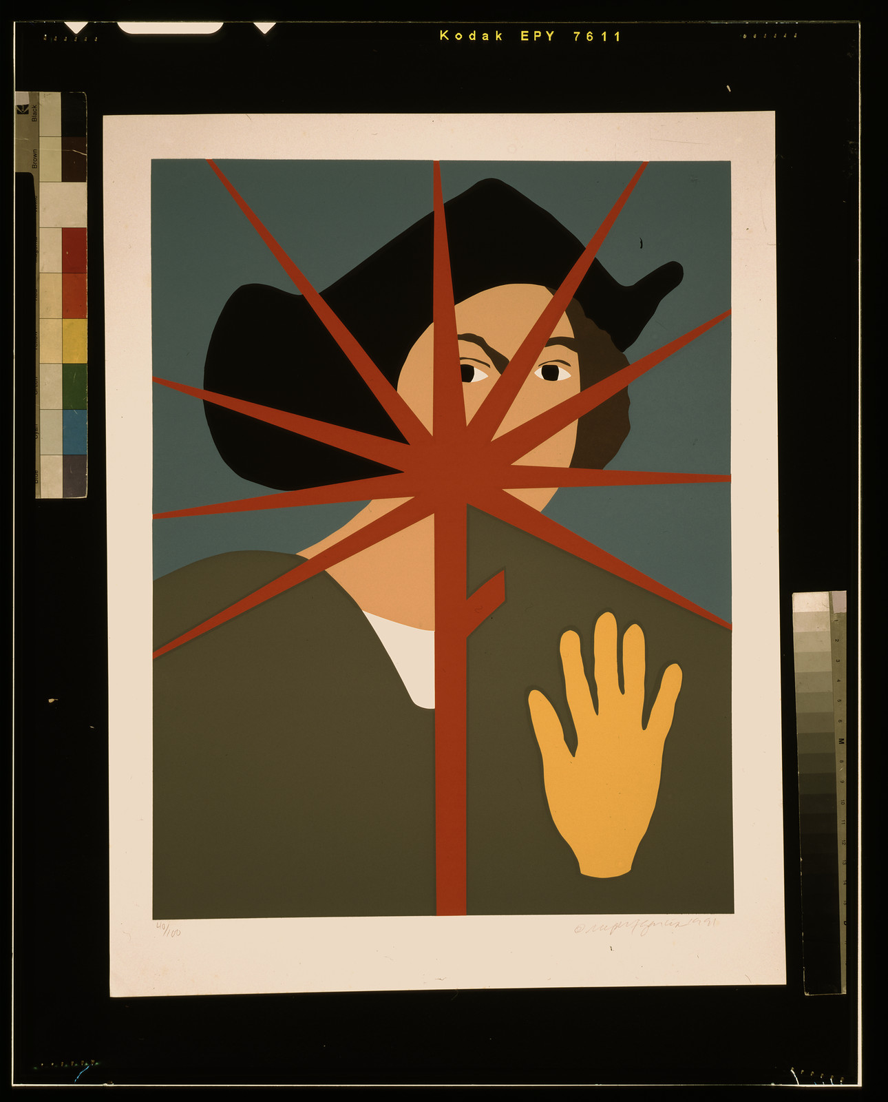 Columbus with yellow hand / Rupert Garcia 1991., 1991 — historic print