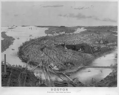 Boston - bird's eye view from the north / J. Bachmann del. and lith.