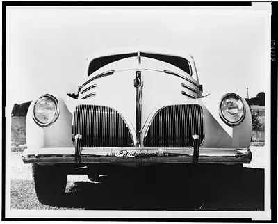 [1938 Studebaker President automobile, front view]