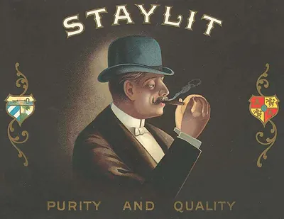 Staylit cigar label with gentleman smoking, Purity and Quality