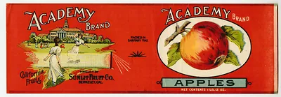 Academy Brand Apples fruit crate label, Sunlit Fruit Co., Berkeley
