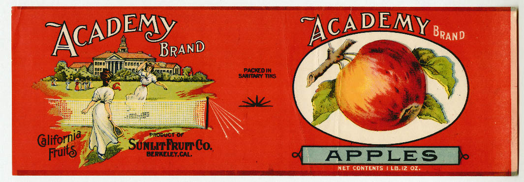 Academy Brand Apples fruit crate label, Sunlit Fruit Co., Berkeley — historic image