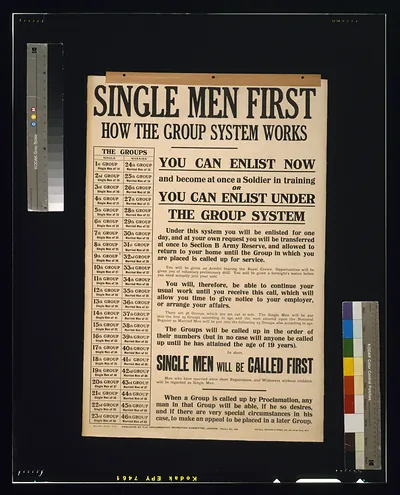 Single men first. How the group system works / Hazell, Watson & Viney, Ld., 52, Long Acre, W.C.