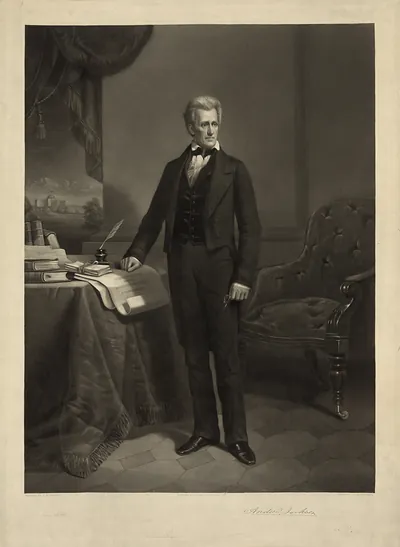 Engraved standing portrait of Andrew Jackson beside a table