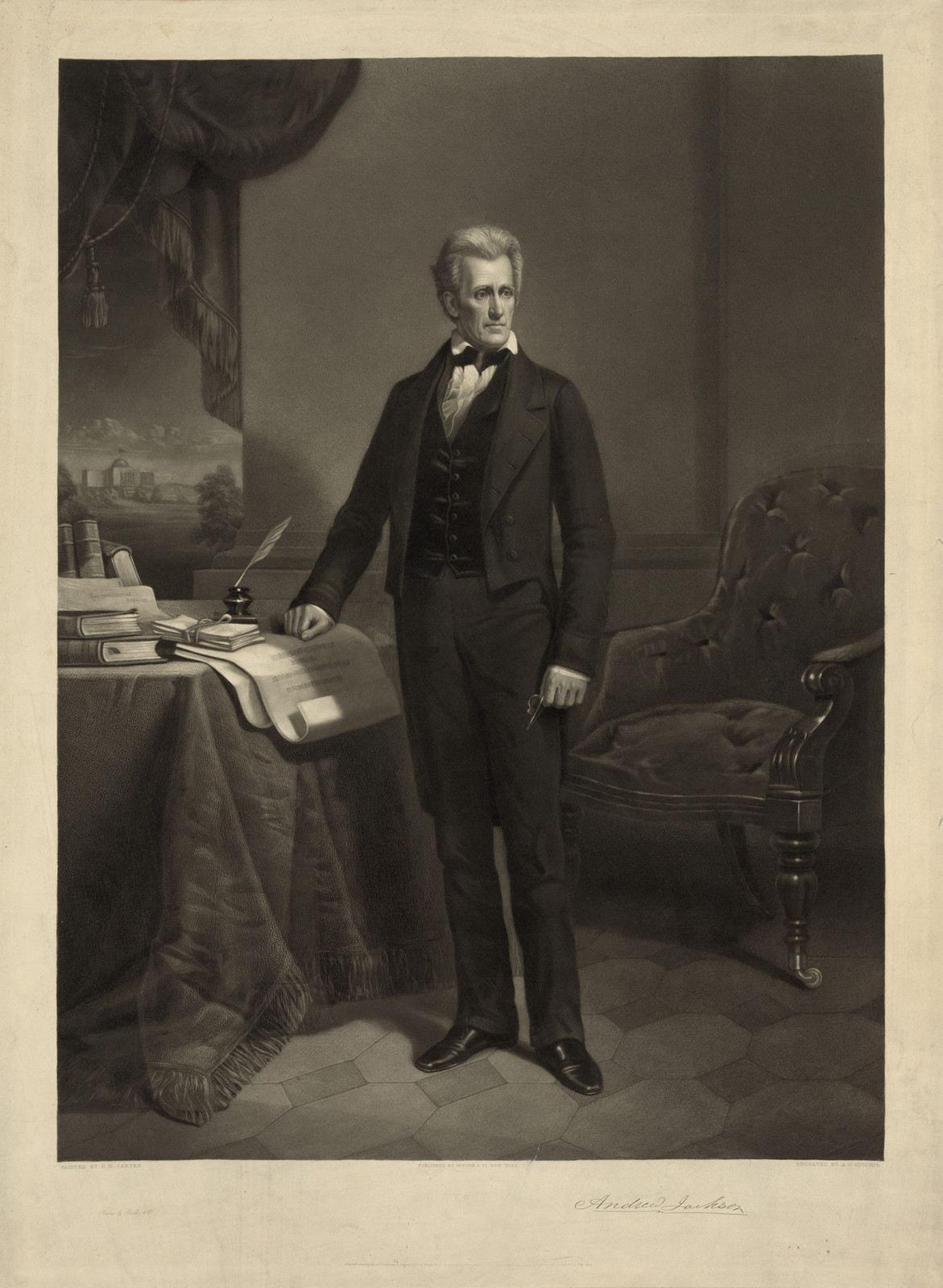 Engraved standing portrait of Andrew Jackson beside a table — historic image