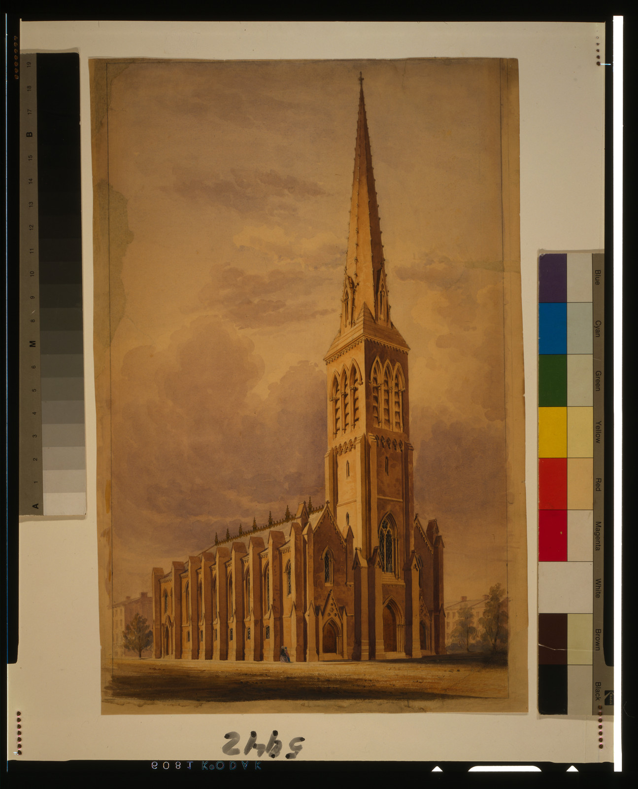 [Exterior view of masonry church with axial tower entrance and spire], [ca. 1850] — historic drawing
