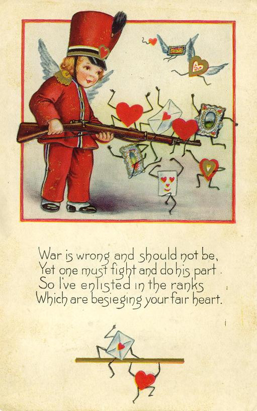 Valentine postcard: winged cupid soldier with rifle, hearts and envelopes — vintage postcard