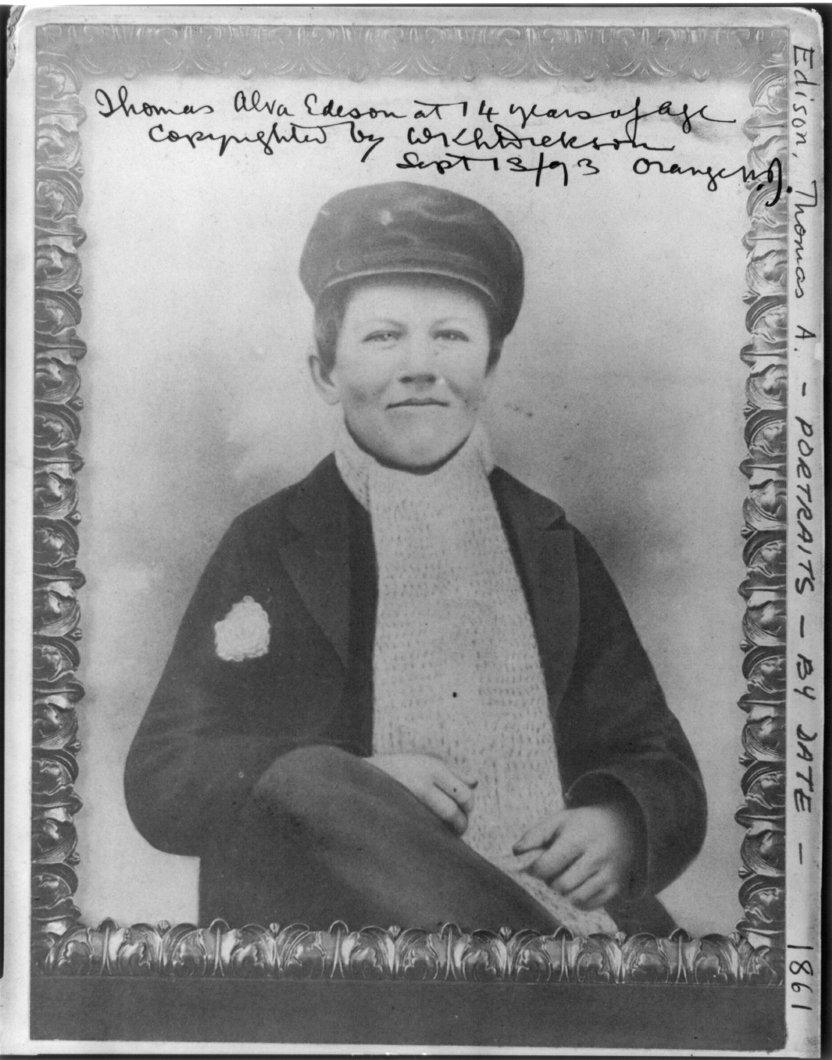 Thomas Alva Edison at 14 years of age, 1/2, seated, facing slightly right, [no date recorded on caption card] — historic photograph