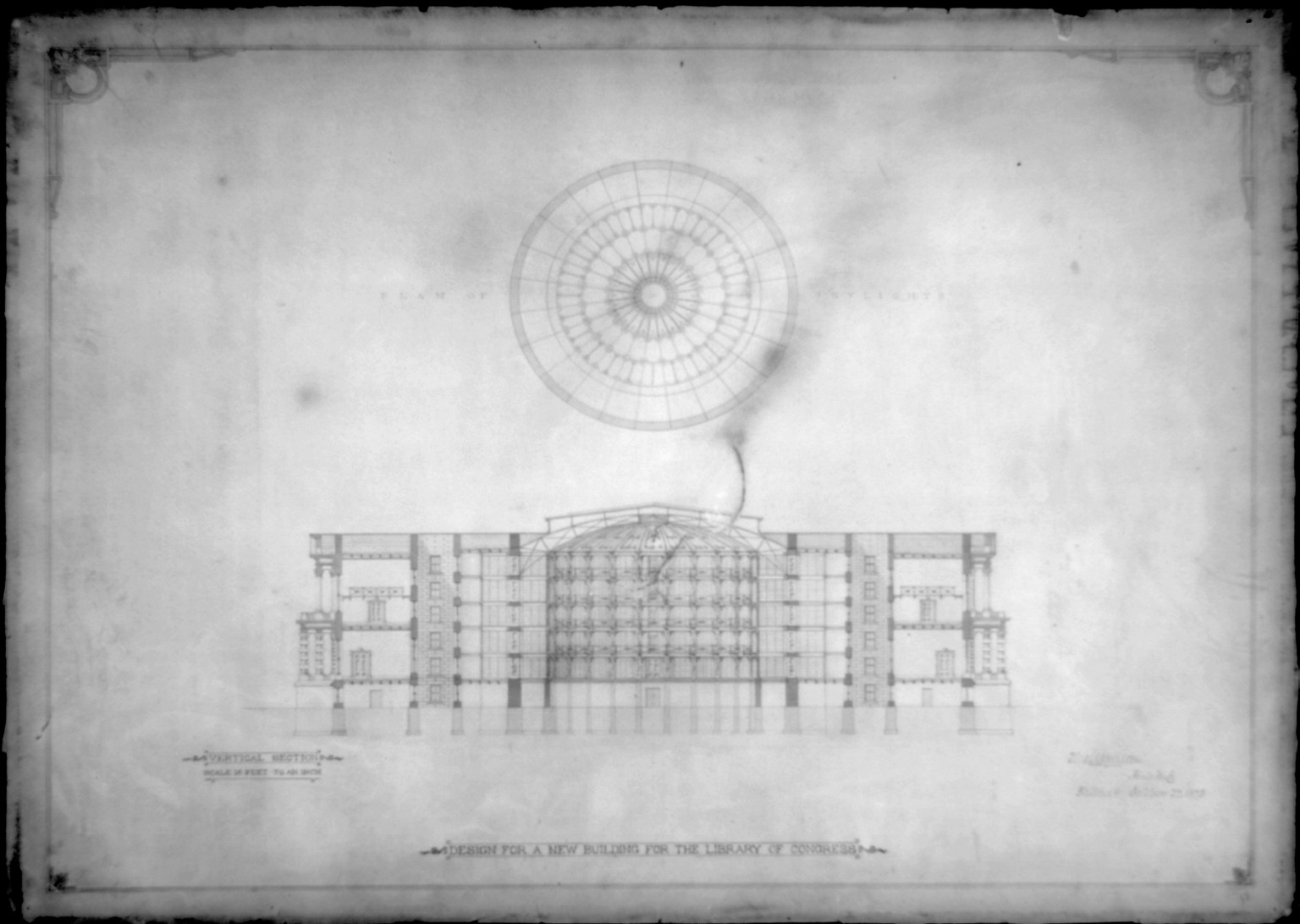 [Library of Congress, Washington, D.C. Vertical section and plan of skylights], and Engineering (ADE) Drawings" (http://www.loc.gov/rr/print/res/103_ade.html)." — historic drawing