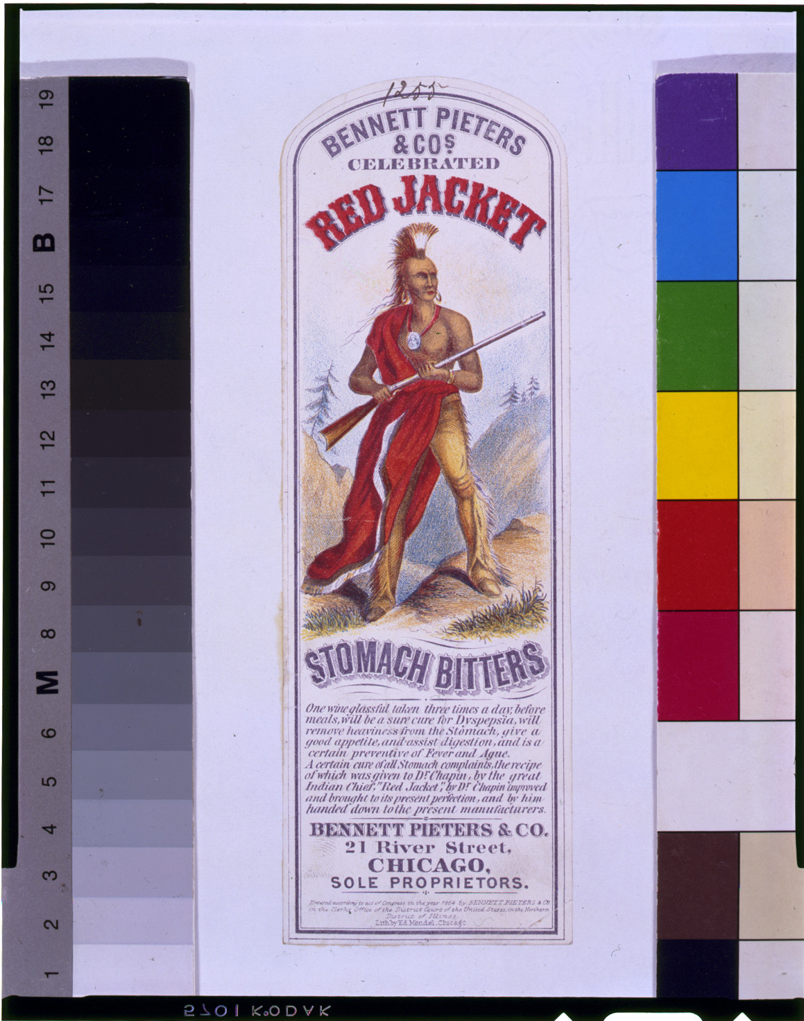 Bennett Pieters & Cos. celebrated Red Jacket stomach bitters / lith. by Ed. Mendel, Chicago., c1864. — antique lithograph
