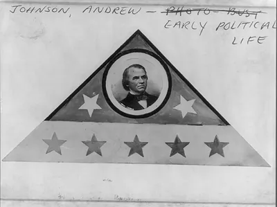 [Andrew Johnson, head and shoulders portrait, facing right, in supposed triangular campaign hat]