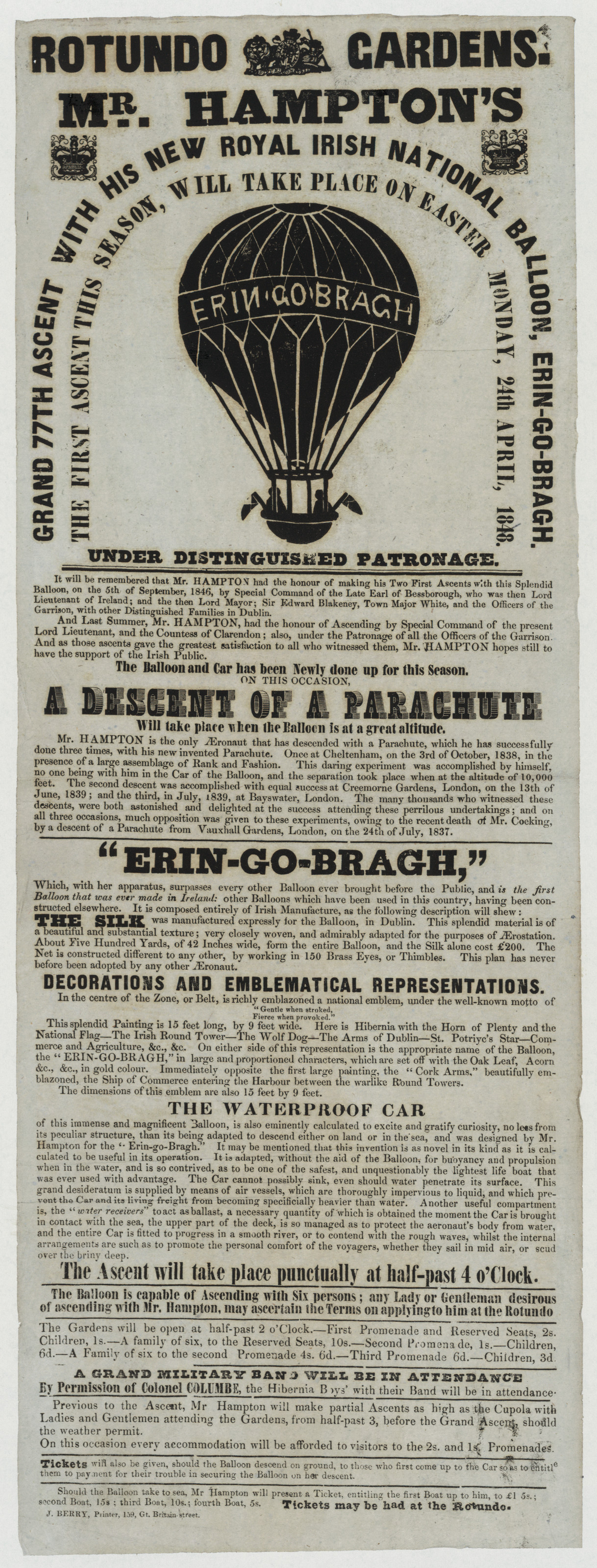 Mr. Hampton's Erin-go-Bragh balloon ascent poster, Rotundo Gardens — vintage poster