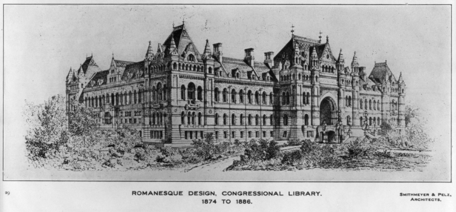 [Library of Congress, Washington, D.C. Front. Exterior elevation. Competition drawing], and Engineering (ADE) Drawings" (http://www.loc.gov/rr/print/res/103_ade.html)." — historic drawing