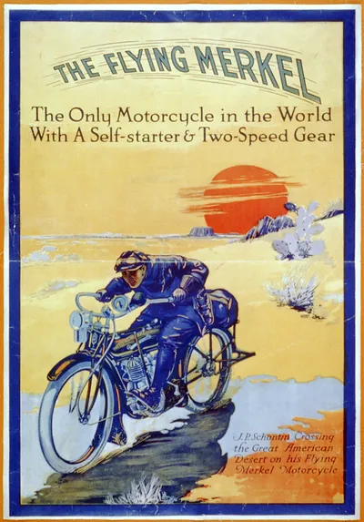 The flying Merkel ... J.P. Schantin crossing the great American desert on his flying Merkel motorcycle
