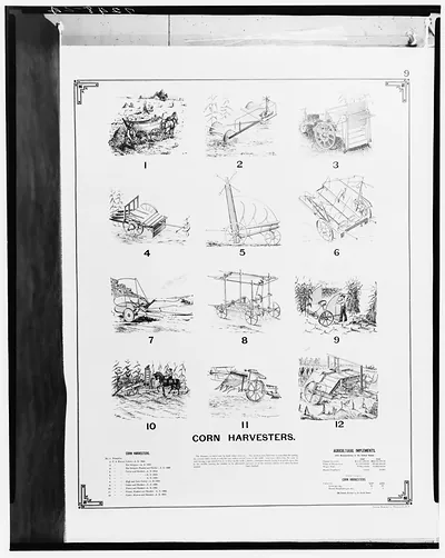 Corn Harvesters: twelve numbered illustrations on a printed plate