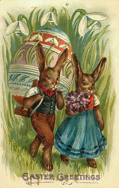 Easter Greetings postcard with dressed rabbits and snowdrops