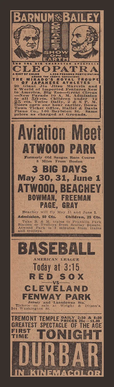 Newspaper ad clippings: Barnum & Bailey, Aviation Meet, Baseball, Durbar