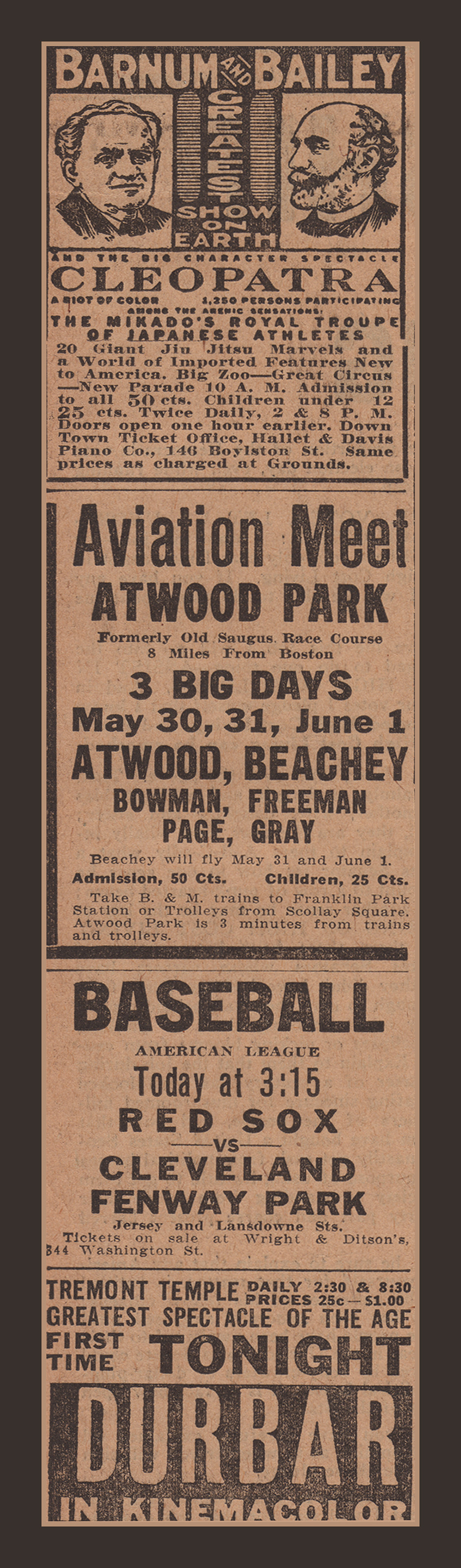 Newspaper ad clippings: Barnum & Bailey, Aviation Meet, Baseball, Durbar — historic image
